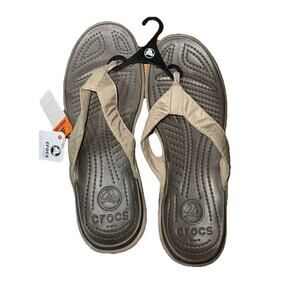 Crocs Flip Flops Mens Size 13 Gray With Tan and Fabric Upper